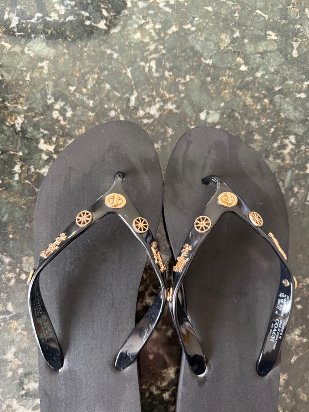 Coach Black Flip Flops with Gold Logo Accents - Picture 3 of 5